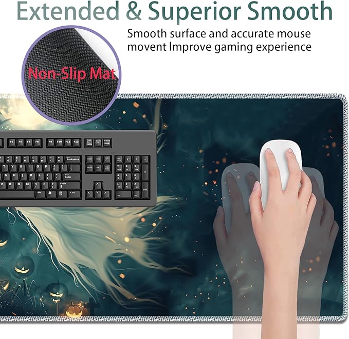 Large Gaming Mouse Pad + Keyboard Wrist Rest + Wrist Support + Coaster Set Memory Foam Ergonomic for Easy Typing XXL Extended Gaming Mouse Pad Table Pad - Halloween Ghost