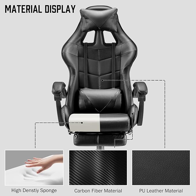 Huracan Gaming Computer Chair with Footrest Adjustable Video Game Chairs for Adults Heavy Duty Office Chair with Headrest and Lumbar Support Black