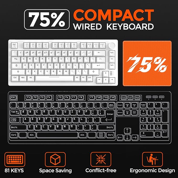 DAREU EK75 Wired Mechanical Keyboard75% Keyboard with Volume KnobGasket Mount Mechanical Gaming Keyboards81 Keys Rainbow SidelitPBT KeycapsLinear Dream Switch for PC Laptop - White
