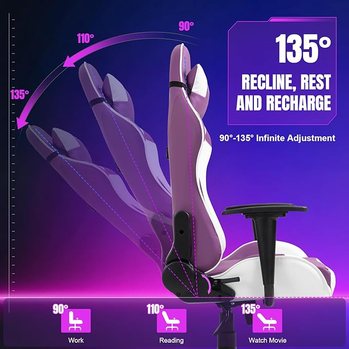 DIKEP Game Chair High-Back Recliner Chair with Headrest and Lumbar Support PU Leather Ergonomic Racing Gaming Chair with Height Adjustable and Headrest 360° Swivel Seat for Adults - Purple &amp Whi