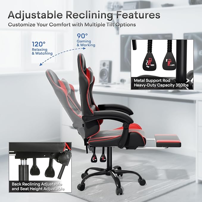 Athena Collection Ergonomic Gaming Chair with Footrest &amp Headrest Lumbar Support Height Adjustable Swivel Office Chair Reclining Game Chair Leather High Back Computer Chair for Adults Kids Red