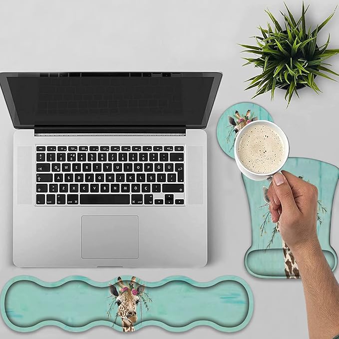 Keyboard Wrist Rest + Mouse Wrist Rest + Coaster + Invisible Hook Set Ergonomic Mouse Pad Wrist Pain Relief and Non-Slip Base Design Suitable for Office and Home Green Rustic Wood and Giraffe