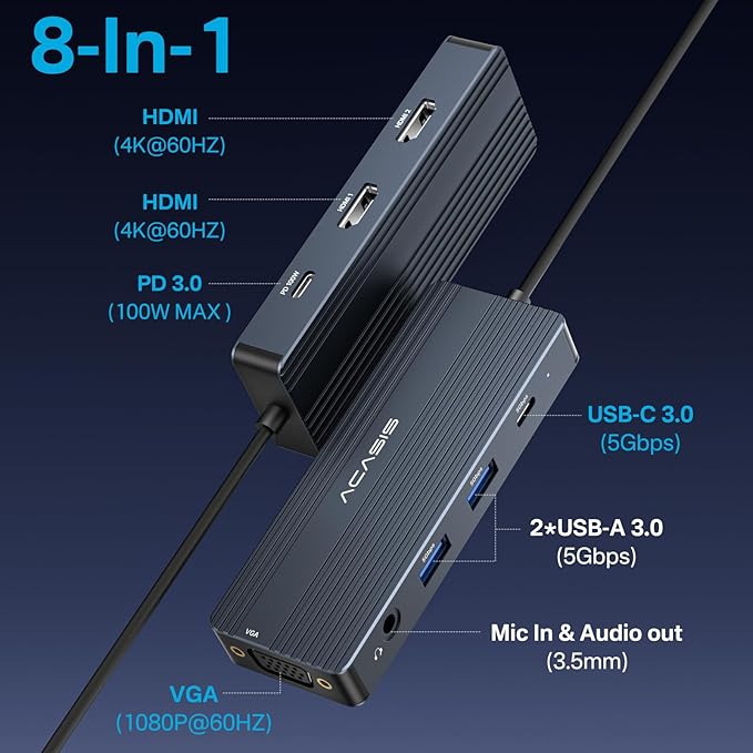 USB C Docking Station Dual MonitorsLaptop Docking Station with Dual HDMI 4K@60HZ1*VGA 1080P@60HZ2 * 5G USB A1 * 5G USB C3.5MM AudioPD100W8 in 1 Dock Station for MacBook/Windows (Grey)