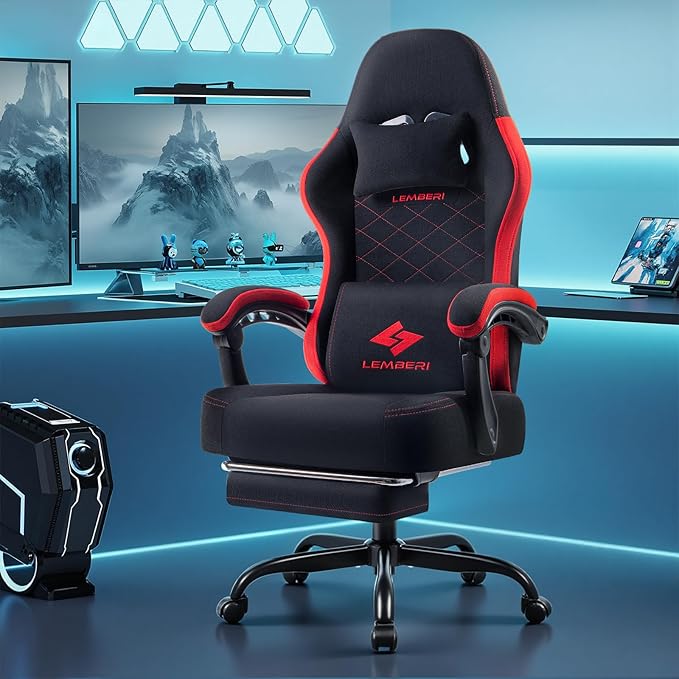 LEMBERI Gaming Chair Fabric Big and Tall Video Game Chairs for Adults with FootrestRacing Style Ergonomic Computer Gamer Chair with Headrest and Lumbar Support (Red)