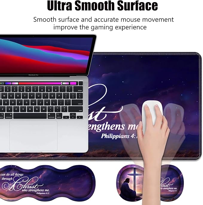 4 in 1 Ergonomic Memory Foam Mouse Pad Wrist Rest Set Large XXL Gaming Desk Pad + Keyboard Wrist Rest + Mouse Wrist Cushion + Coaster for Home Office Study Gaming Bible Verse Philippians 4:13