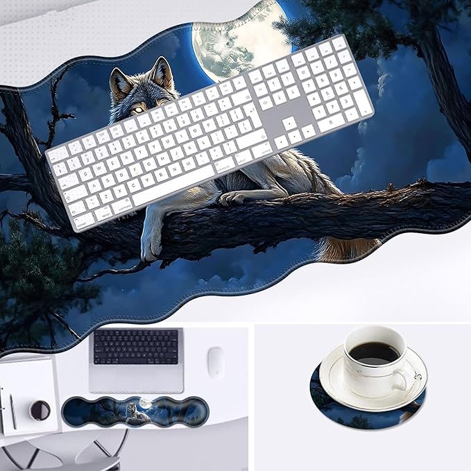 Large Mouse Pad and Keyboard Wrist Rest Desk Pad for Keyboard and Mouse 4-in-1 Large Gaming Mouse Pad with Wrist Support Desk Mat for Home Office Study Game-Wolf in The Moonlight
