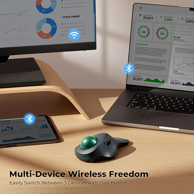 Wireless Trackball Mouse for Large Hands Ergonomic Index Finger Control Rechargeable Bluetooth/USB Mouse with Precise Smooth Tracking Multi-Device Connection for Windows &amp Mac Green