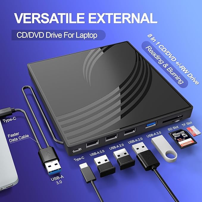 External CD/DVD Drive for Laptop with Carrying CaseDVD Player for LaptopPortable CD Burner with 4 USB Ports 2 TF/SD Card SlotsCD Disk Drive Player Reader Write