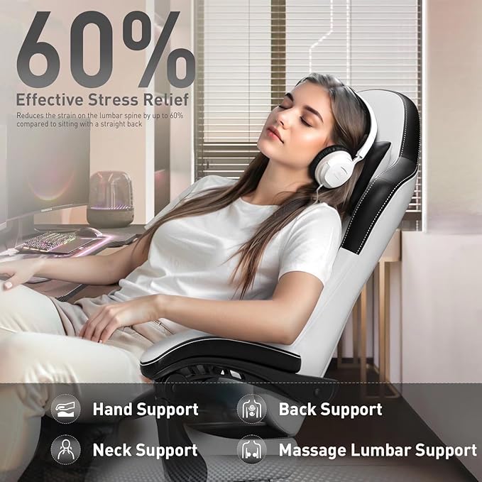 HLDIRECT Gaming Chair Ergonomic Video Game Seat with 360° Swivel &amp Lumbar Massage Computer Chair PU Leather Cushion for Adults Home/Office Use (Black &amp White)