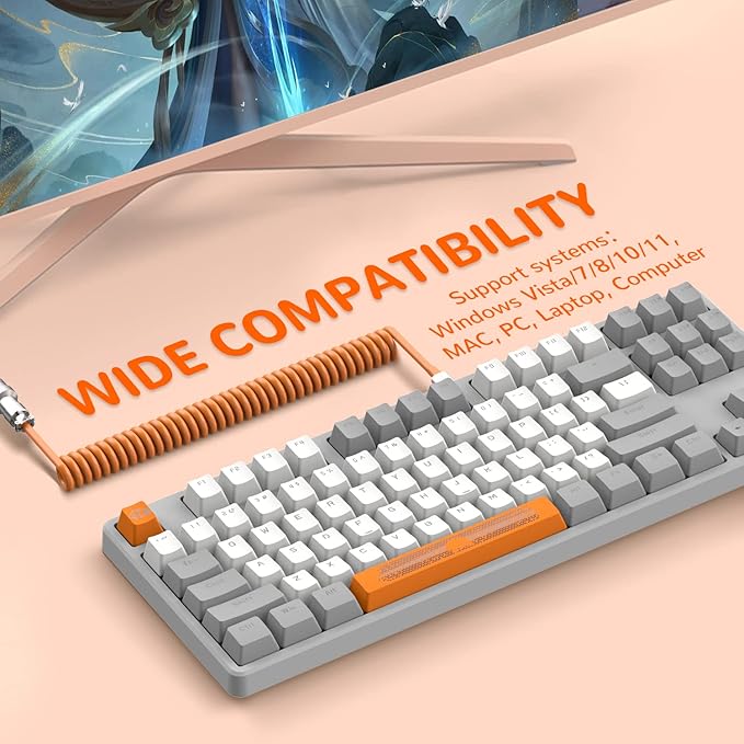 MAGIC-REFINER AK873 Wired 75% TKL Gaming KeyboardHot-Swappable Blue SwitchPBT KeycapRainbow Led BacklitErgonomic Mechanical Keyboard+Custom Coiled USB/Type-C Aviation Cable for PC/Mac (Gray White)