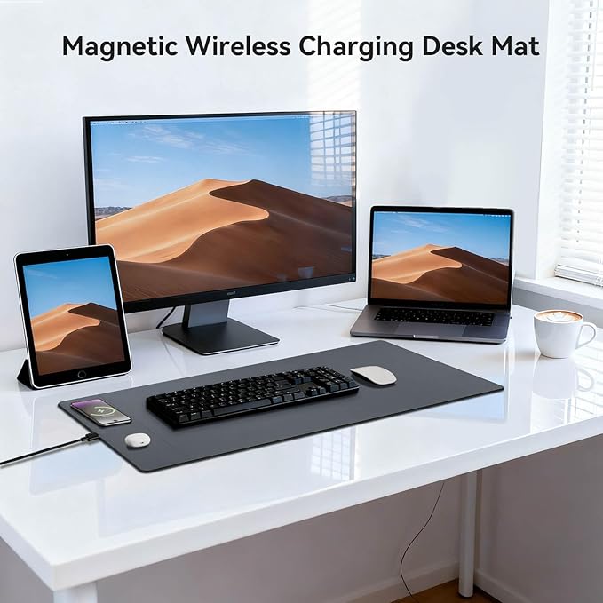 Wireless Charging Mouse Pad 15W Fast Charge Magnetic Charger Desk Pad Large Office Desk Mat (35.4x16.9) with Ultra-Smooth Surface Gray Computer Mousepad for MacBook PC Laptop