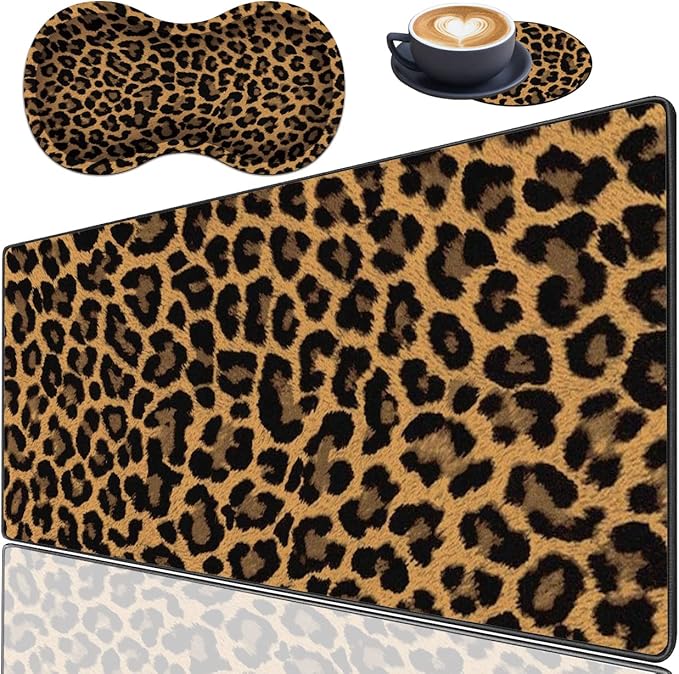 Extended Gaming Mouse Pad Desk Pad Keyboard Pad Mouse Wrist Rest and Coaster Anti-Slip Rubber Base Mouse Pad Suitable for Gaming and Office Leopard Print