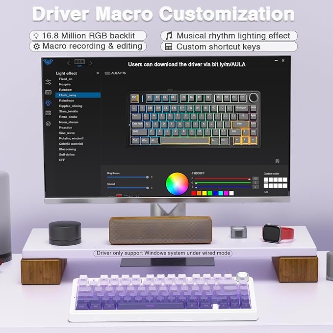 AULA F75 Pro Wireless Mechanical Keyboard75% Hot Swappable Custom KeyboardRGB BacklitPre-lubed Linear SwitchesSide Printed PBT Keycaps Mechanical Gaming KeyboardsGradient Purple
