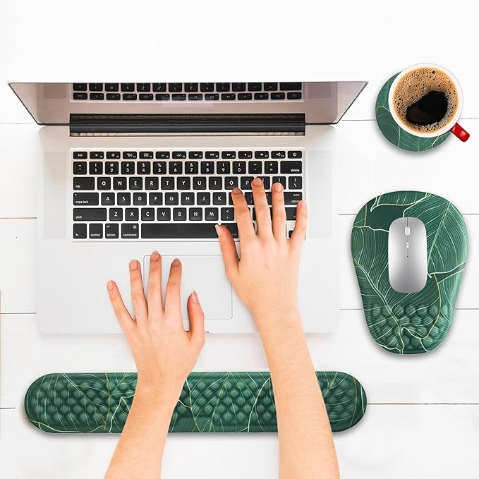 Ergonomic Mouse Pad and Keyboard Wrist Rest with Massage Design Space-Saving Mouse Pad Wrist Support Memory Foam Wrist Rest with Non-Slip PU Base for Computer Desk Green Leaves