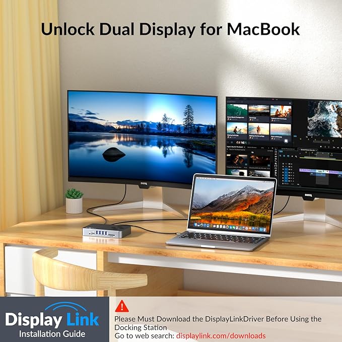 DisplayLink Docking Station with Dual Display 2 HDMI Ports and 1 DisplayPort for Double 4K Display Laptop 15 in 1 Docking Station with 100W PD Charging SD/TF 1 USB-C 6 USB-A Ports 3.5mm Audio
