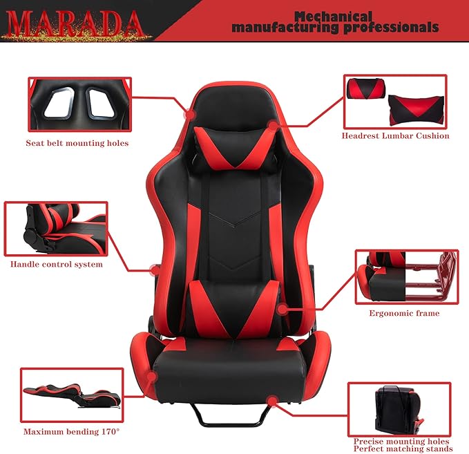 Marada Gaming Racing Seat for Simulator Cockpit with Double Locking SlidesInclude Lumbar and Neck PillowAdjustable PU Leather Chair for Heavy-Duty Metal Driving Sim Mount (No Steering Wheel Stand)