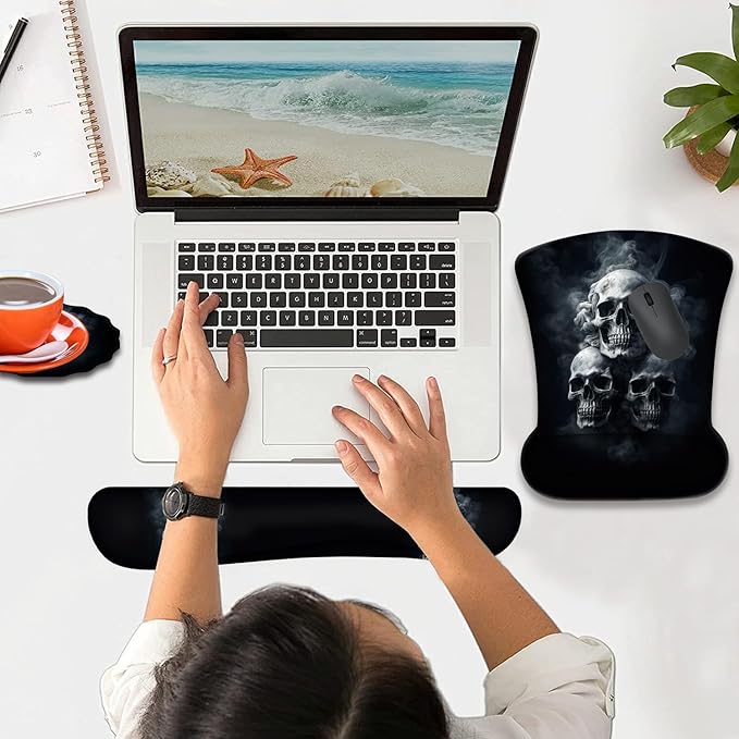 Mouse Wrist Rest and Keyboard Wrist Rest Pad+ Coaster Set Non-Slip Rubber Base Smooth Surface Ergonomic Gaming Mouse Pad for Easy Typing and Pain Relief Smoke Skull