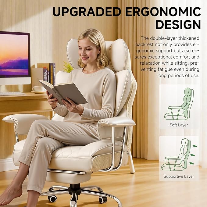 COMHOMA Big and Tall Office Chair High Back Leather Gaming Chair with Footrest Executive Ergonomic Office Chairs with Pocket Spring Lumbar Support and with Outward Fixed Soft Armrests