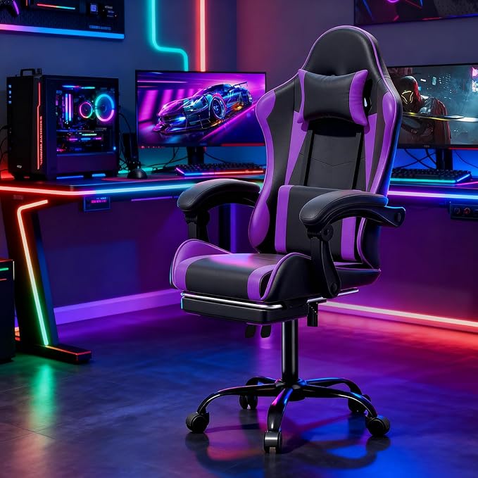Magshion Gaming Chair for Adults Ergonomic Computer Chair with Linkage Armrests Height Adjustable Gamer Chair with Footrest and Headrest for Home Office 350 Lbs Capacity Purple