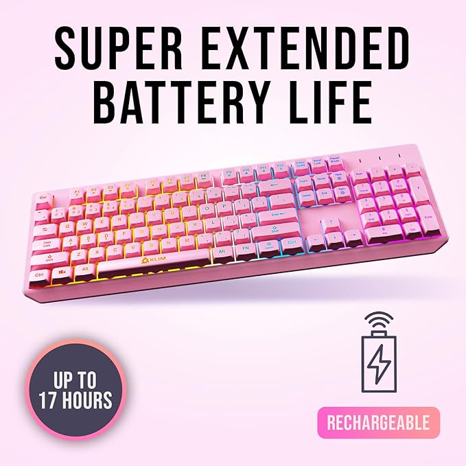 KLIM Chroma Pink Wireless Keyboard – RGB Backlit Rechargeable Battery Wireless Keyboard with Water-Resistant Durable Design Compatible with PC Mac PS4 PS5