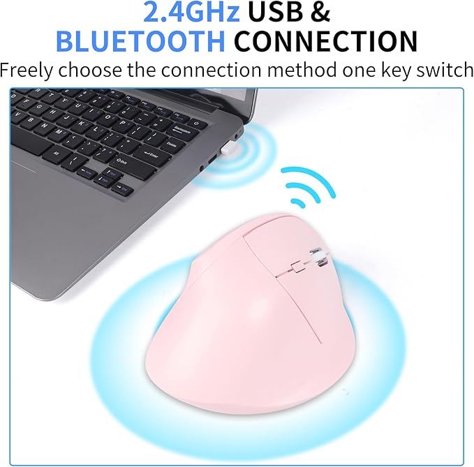 Bluetooth MouseErgonomic Vertical Mouse Wireless Rechargeable Mice Dual Mode (Bluetooth &amp USB) Vertical Optical Mice with USB Receiver 6 Buttons 1600 DPI for LaptopComputer Mac Windows(pink)