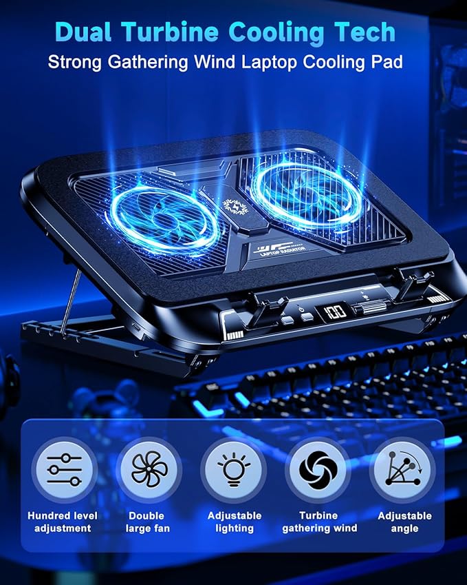 Laptop Cooling Pad with Dual Core Cooler Gaming Laptop Cooler with 5.5in 2 Powerful Turbofan(9500 RPM) Fast Cooling Laptop 12-21in 5 Height Stands 100 Gear Speed LCD Screen RGB Phone Holder