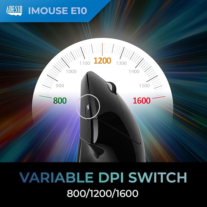 Adesso iMouse E10 - Vertical Ergonomic Optical 6-Button 2.4 GHz RF Wireless Mouse - Right Hand Orientation Black