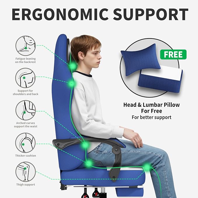 Gaming Chair with FootrestFabric Computer Chair with Pocket Spring CushionHigh Back Comfortable Ergonomic Office Chairs with Lumbar SupportHeight Adjustable Gamer Chair for AdultsBlue