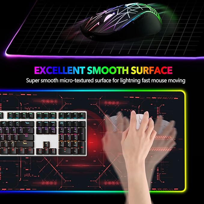 AIMSA Large Gaming Mouse Pad RGB Keyboard Led Mousepad Extended 35.4 x 15.8 inch Non-Slip Rubber Base with 14 Lighting Modes Desk Mat Red Circuit Board Motherboard