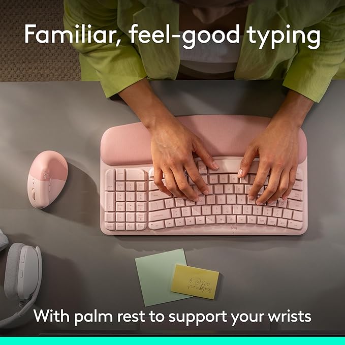Logitech Wave Keys &amp Lift Vertical Mouse - Ergonomic Wireless Keyboard and Mouse Combo - with Cushioned Palm Rest Easy-Switch Bluetooth for Multi-OS Windows/Mac - Rose