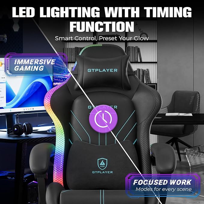 GTPLAYER Gaming Chair Computer Chair with RGB LED Lights High Back Ergonomic Chair for Adults with Footrest Reclining Office Chairs Linkage Armrest Blue