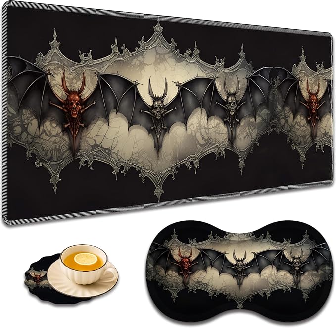 Large Game Mouse Pad + Wrist Support Pad + Coffee Coaster Desk Pad with Sewn Edges Anti-Slip Set pad Suitable for Office Work and Home - Neo Bats