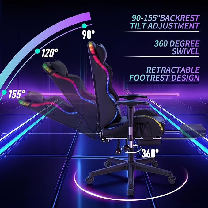 HOFFREE RGB LED Gaming Chair for Kids Reclining Gaming Chairs for Teens 8-15 Computer Chair with RGB Lights Kids PC Game Chair with Footrest and Lumbar Support Video Game Chairs Black