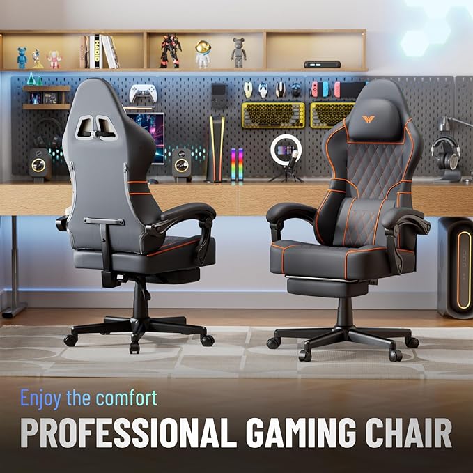 Ferghana Gaming Chair Leather Comfortable Computer Chair with Footrest and Linkage Armrest Ergonomic High Back Game Chair with Massage Lumbar Support for Adult Grey