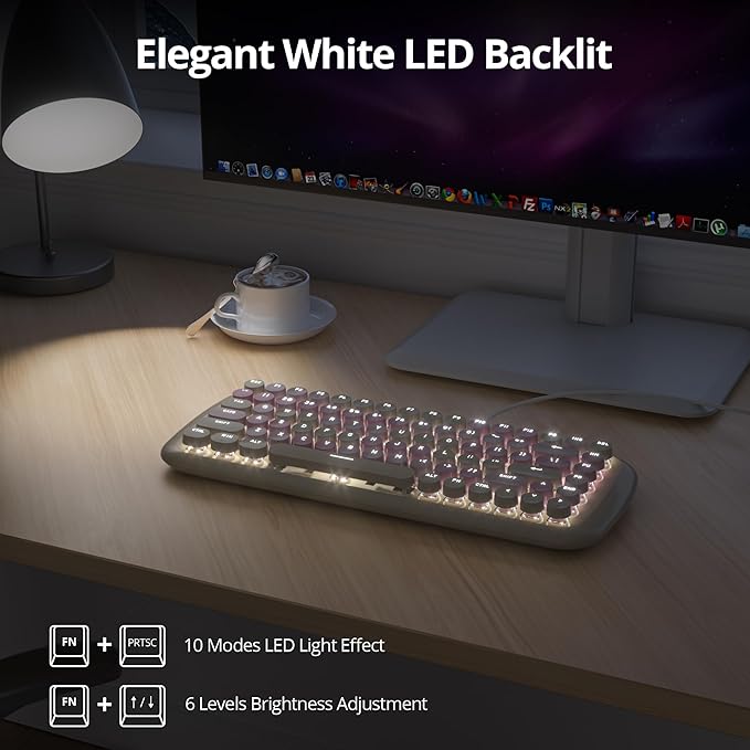 Milky Creamy Mechanical Gaming Keyboard Aesthetic Keyboard w/White Backlit 84 Keys Cute Retro Typewriter Computer Keyboard Wired w/Pink Switch Round Keycap for Windows/PC/PS5 (Milk Tea)