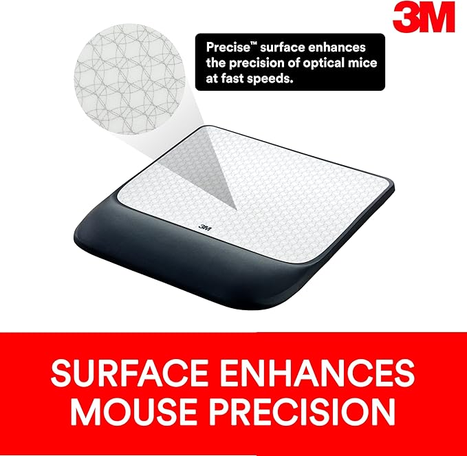 3M Precise Mouse Pad with Gel Wrist Rest Soothing 3M Gel Technology and Satin Smooth Cover for All Day Comfort Optical Mouse Performance and Battery Saving Design (MW85B) Extended Black