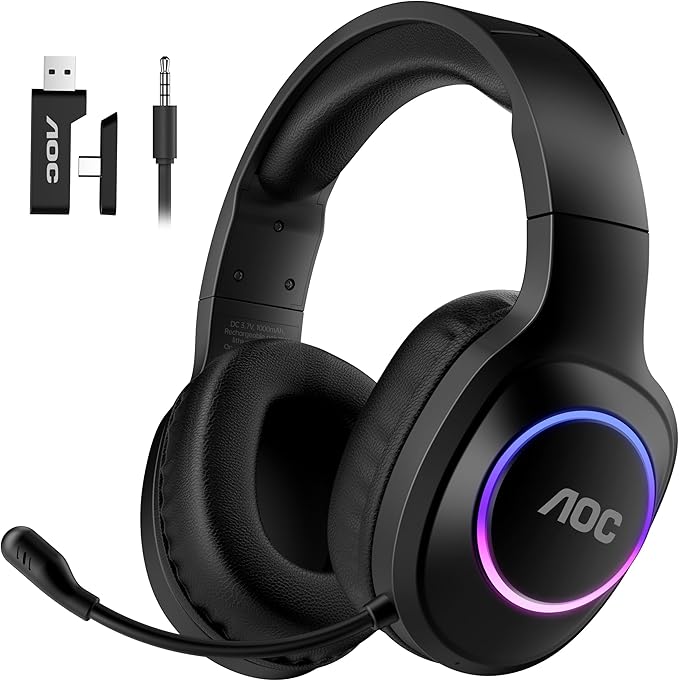 AOC Wireless Gaming Headset Compatible with PS5/4 Nintendo Switch PC Bluetooth 5.4 &amp 2.4GHz Gaming Headphones with Noise Canceling Mic RGB Type-C 20ms Latency 45H 7.1 Virtual Surround- Bla