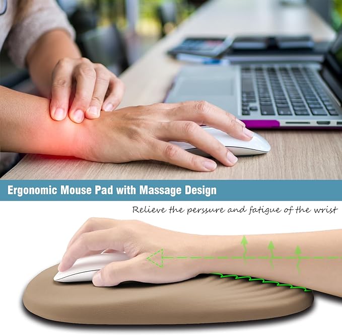 Ergonomic Mouse Pad Wrist Support Mouse Pad with Wrist Rest Entire Memory Foam &amp Non-Slip PU Base MousePads with Stepped-Wedge Design for Pain Relief Desk Office Home Beige
