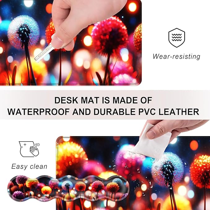 Mouse PadLarge Desk Mat Set 4in1 XL Mousepad + Keyboard Wrist Rest+Mouse Wrist Rest+Coaster with Ergonomic Desk Pad for Home Office Table Computer Cover -Colorful Glowing Dandelions