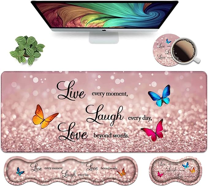 Ergonomic Keyboard Wrist Rest &amp Mouse Pad Wrist Rest Set Large XXL Gaming Desk Mat 31.5x 11.8 Non-Slip Base Memory Foam Easy Typing Pain Relief for Office &amp Home Glitter Quote Live Laug