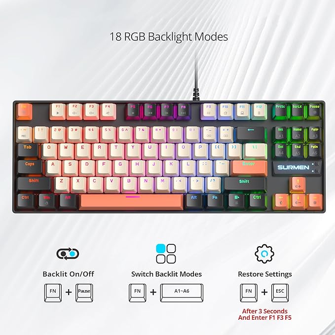 75% Mechanical Gaming Keyboard with Red Switch RGB LED Backlit Keyboard Orange 87 Keys Compact TKL Wired Computer Keyboard for Windows Laptop PC Gamer (87 Carbon)