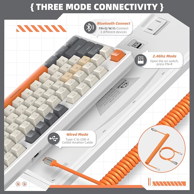 ZIYOU LANG K87 TKL Hot Swappable Wireless Mechanical Gaming Keyboard with Custom Coiled USB C Cable Triple Mode 2.4Ghz/Bluetooth 5.0/Wired Red Switches 20 RGB Backlit 3000mAh Battery for PC Laptop