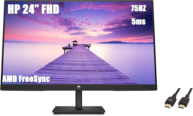 HP 24 FHD VA Monitor Full HD 1920 x 1080 LCD Display 5ms Response Time 75Hz Refresh Rate 16:9 Aspect Ratio 250 Nit FreeSync 3000:1 Contrast Ratio with 5ave HDMI Cable Flat-Black