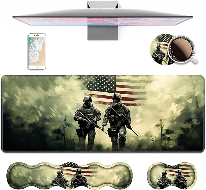 4 in 1 Ergonomic Keyboard Wrist Rest &amp Mouse Pad Wrist Rest Set Large Gaming Desk Mat 31.5x 11.8 with Non-Slip Base Memory Foam for Home Office Study Gaming American Military Army Troops Sold