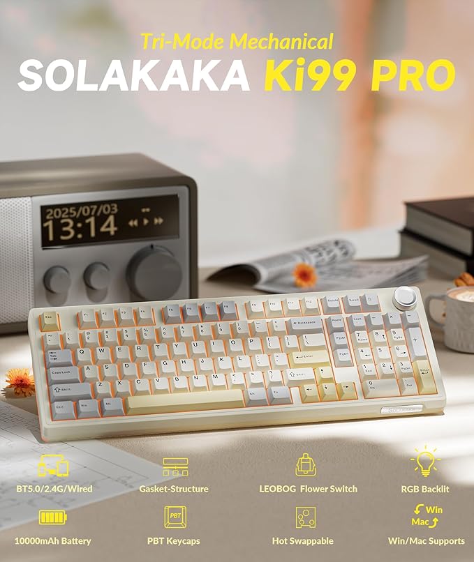 SOLAKAKA KI99 Pro 96% Wireless Gaming Keyboard RGB Creamy Keyboardw with Knob Hot-Swappable Pre-Lubed Switches Gasket Structure Mechanical Keyboards (Beige-White Non-Silent Version)