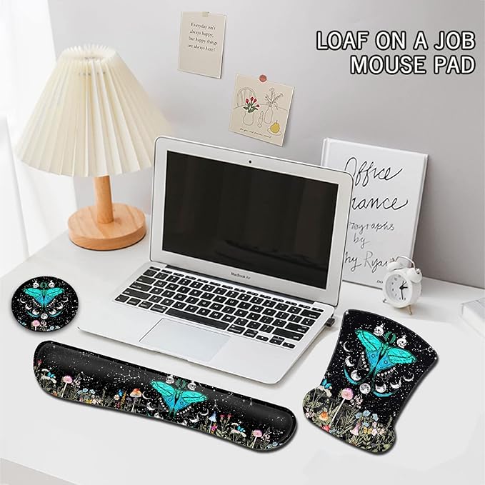 Keyboard Wrist Rest and Mouse Pad with Wrist Support Ergonomic Gel Mouse Padfor Easy Typing Pain Relief Memory Foam Keyboard Wrist RestMoth Moon Phase Witchy Black Mousepads Desktop Accessories