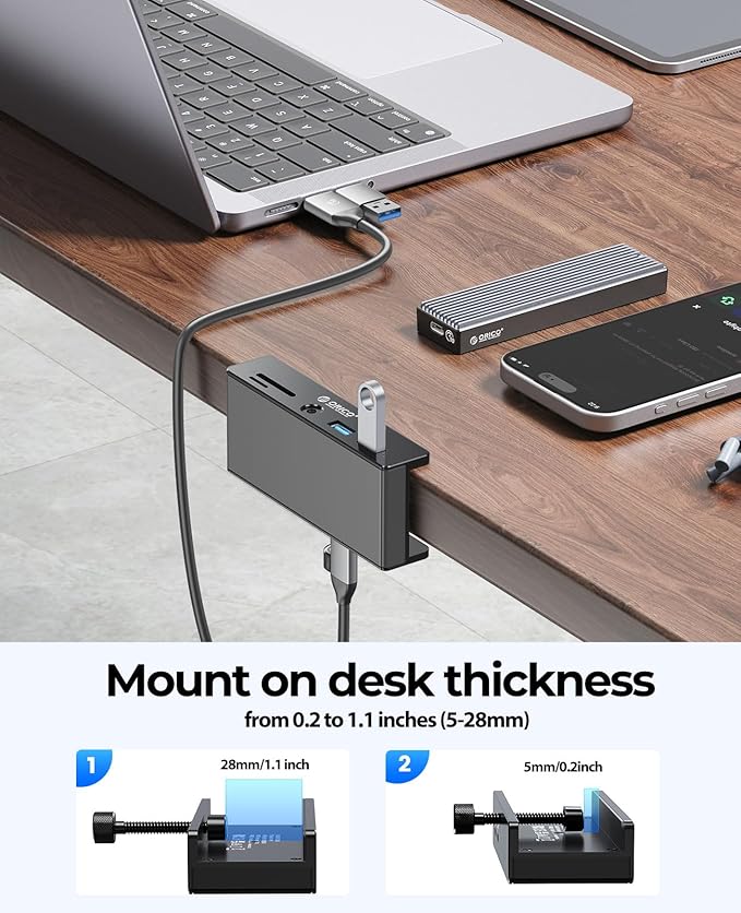 ORICO USB Hub 3.0 Clamp USB Hub with Extra Power Port Aluminum USB C Adapter with 2 USB-A Data Ports3.5mm AUX SD/TF Card Reader for Desktop(Black)