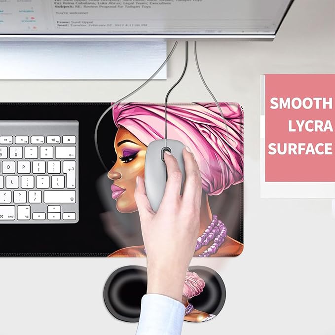 Mouse PadLarge Desk Mat Set 4in1 XL Mousepad + Keyboard Wrist Rest+Mouse Wrist Rest+Coaster with Ergonomic Desk Pad for Home Office Table Computer Cover -African Woman