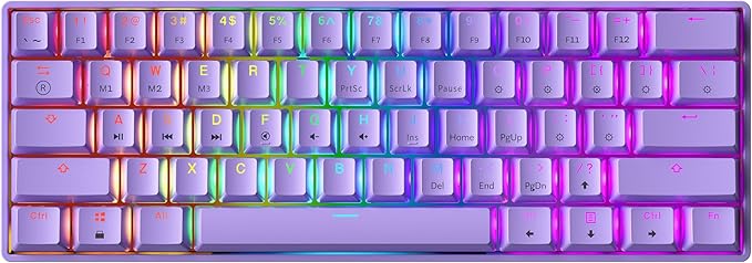 Mechanical Gaming Keyboard - 61 Keys Multi Color RGB Illuminated LED Backlit Wired Programmable for PC/Mac Gamer (Gateron Optical Brown Lavender)