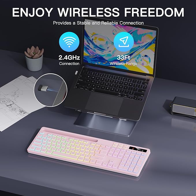 Wireless Keyboard with 7-Color RGB Backlit Full-Size Computer Keyboard with Phone Tablet Holder 2.4G Rechargeable Gaming Keyboard with Light Up Keys Compatible with Mac Windows (Pink)